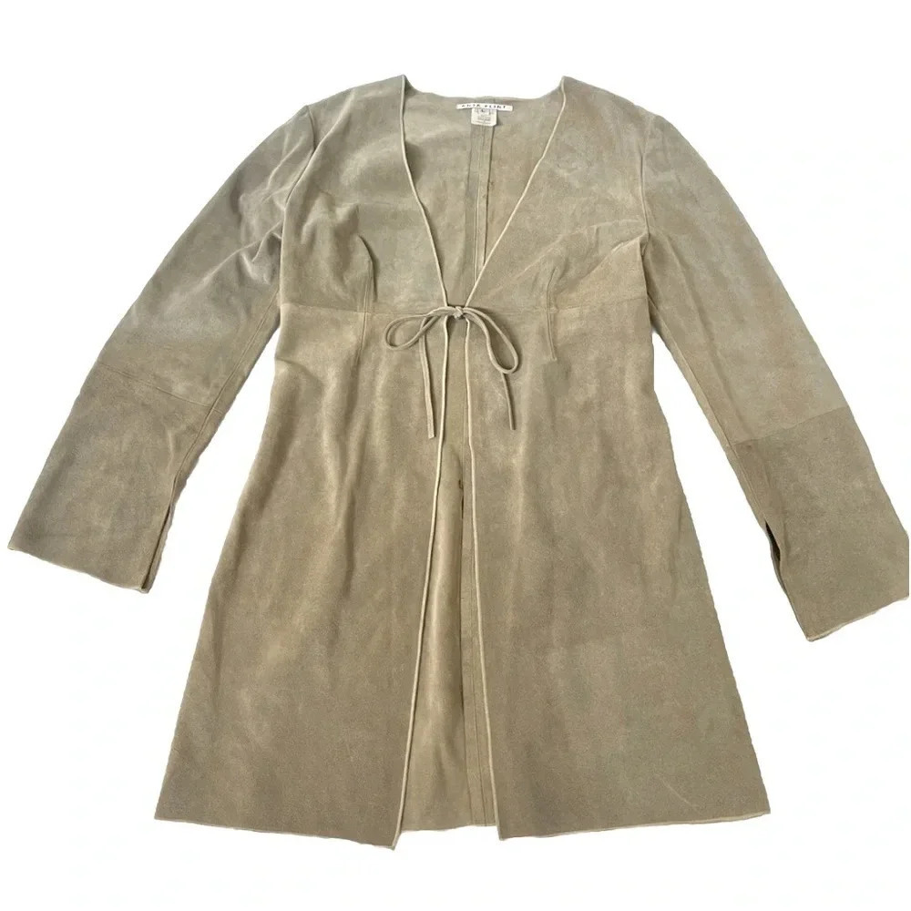 ANJA FLINT Leather Suede Size L Duster Cardigan Tie Up Khaki Neutral Lagenlook
